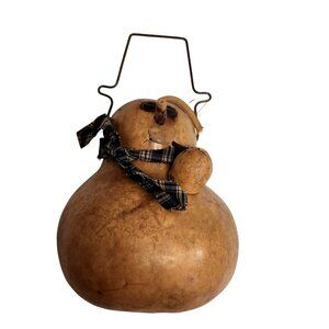 Handcrafted Gourd Snowman With Plaid Scarf & Wire Handle Rustic Winter Decor